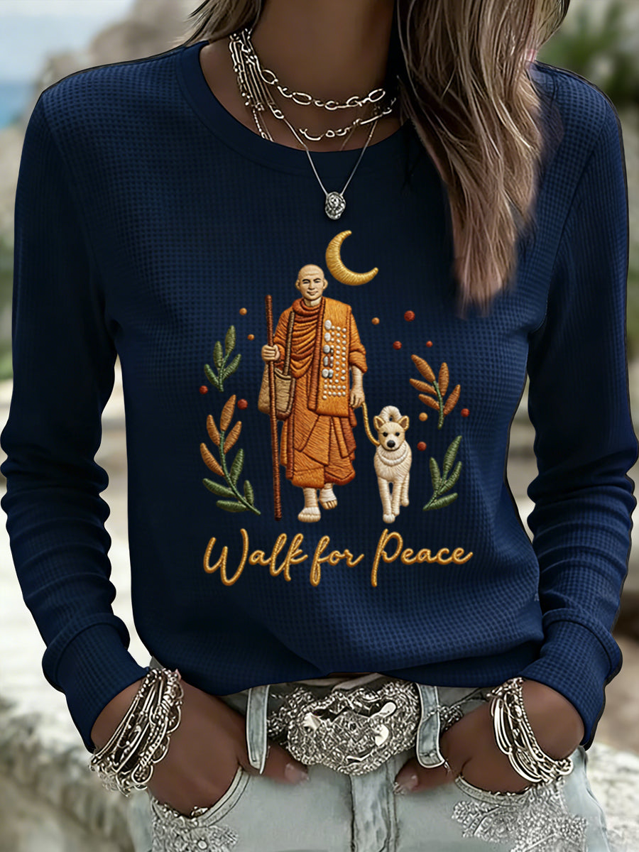 Ženské vintage mnich a psů turistika příležitostné vafle tshirt