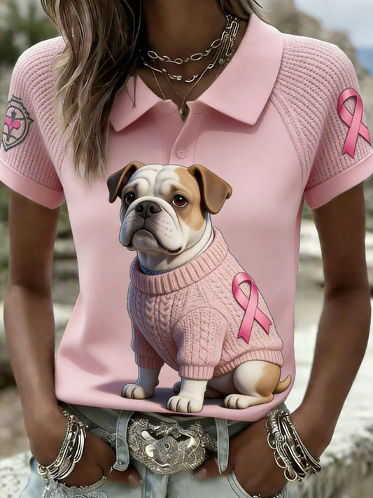 Dámské retro bulldog povědomí o rakovině prsu příležitostné krátkorukávové pletené tričko