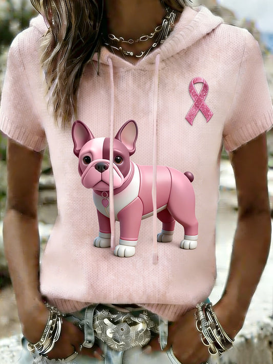 Dámské retro bulldog povědomí o rakovině prsu příležitostné krátkorukávové pletené tričko