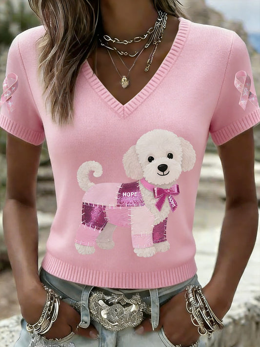 Dámské retro roztomilé štěňátko rakoviny prsu informovanost o příležitostné krátkorukávové pletené tričko