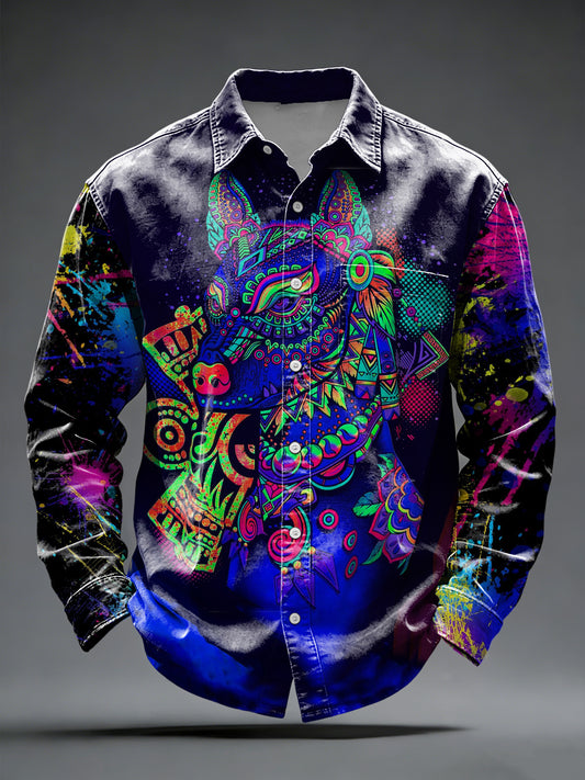 Pánské psychedelické neon wolf graffiti knoflík dolů košile