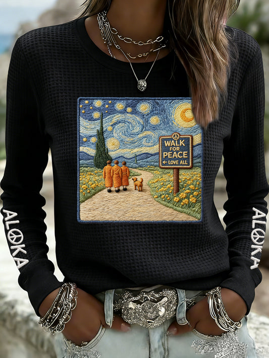 Ženské vintage mnich chůze pro mír neformální vaflepít tshirt