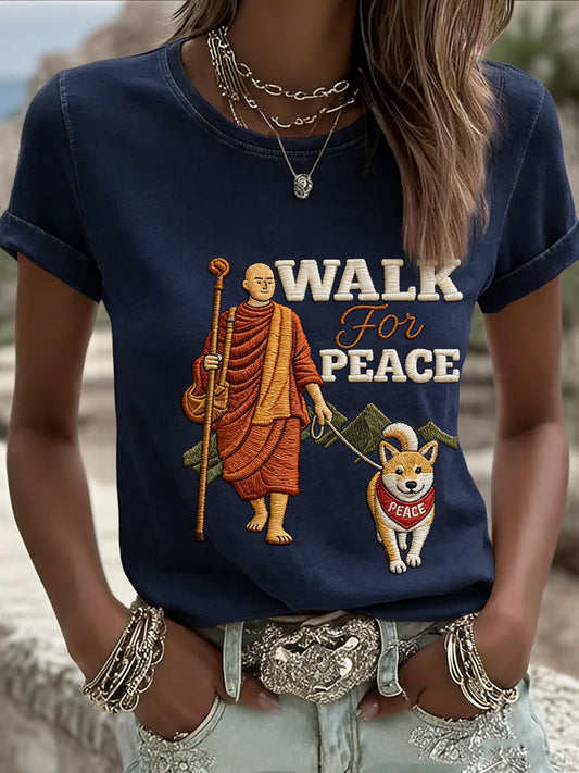 Ženské vintage "chůze pro mír" mnich a psů příležitostné tričko