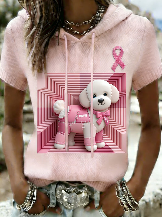 Dámské retro roztomilé štěňátko rakoviny prsu informovanost o příležitostné krátkorukávové pletené tričko