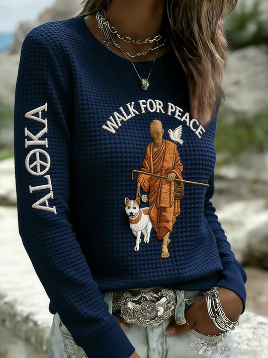 Ženské vintage "walk for peace" mnich turistické vafleweave tshirt