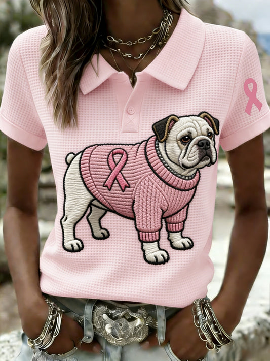 Dámské retro bulldog povědomí o rakovině prsu příležitostné krátkorukávové pletené tričko