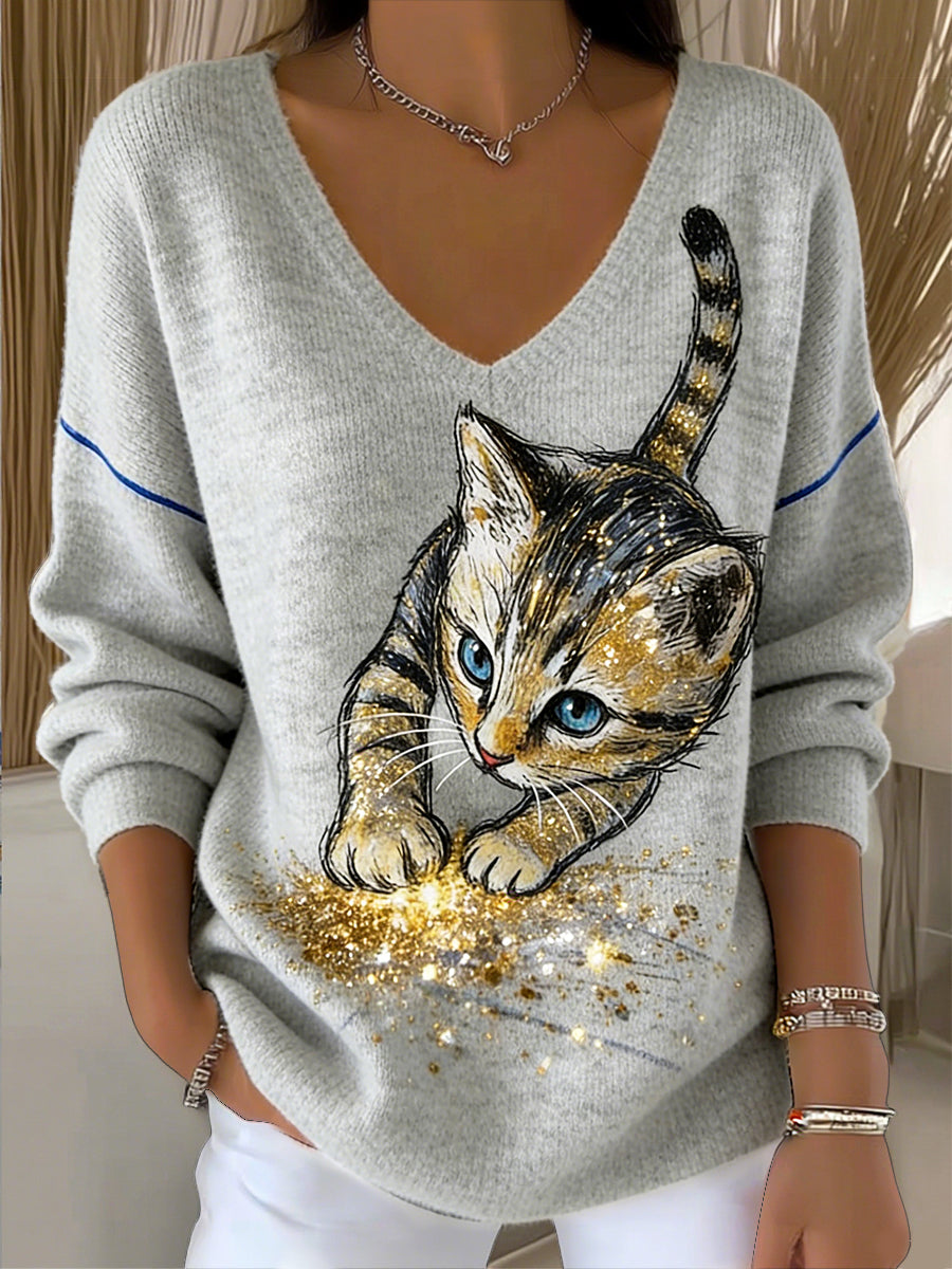 Ženská kočka potahovaná tisk šedá móda v & #160; krku svetr