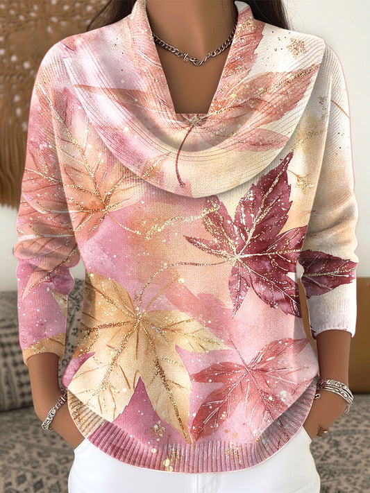 Dámské růžové javorové listy blikající tisk módní imitace svetr