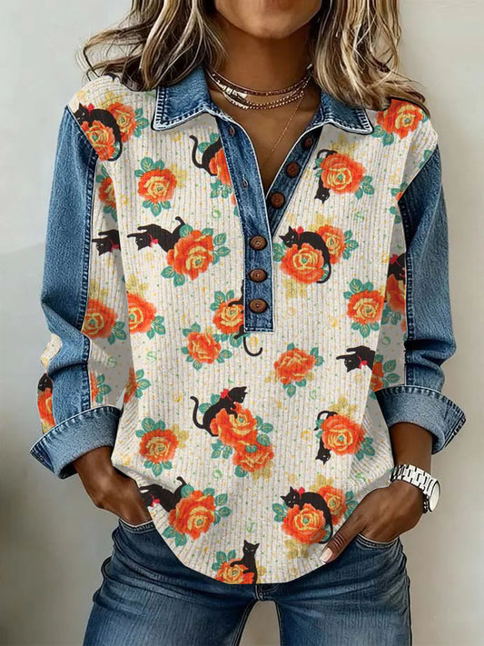Ženské vintage květinová tisk neformální s dlouhým rukávem top
