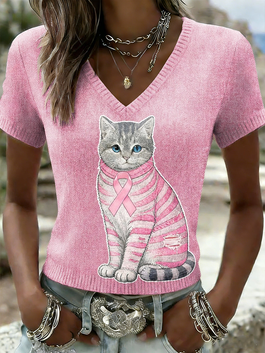 Dámské retro roztomilé kočky rakoviny prsu informovanost o příležitostné pletené krátkorukávové tričko
