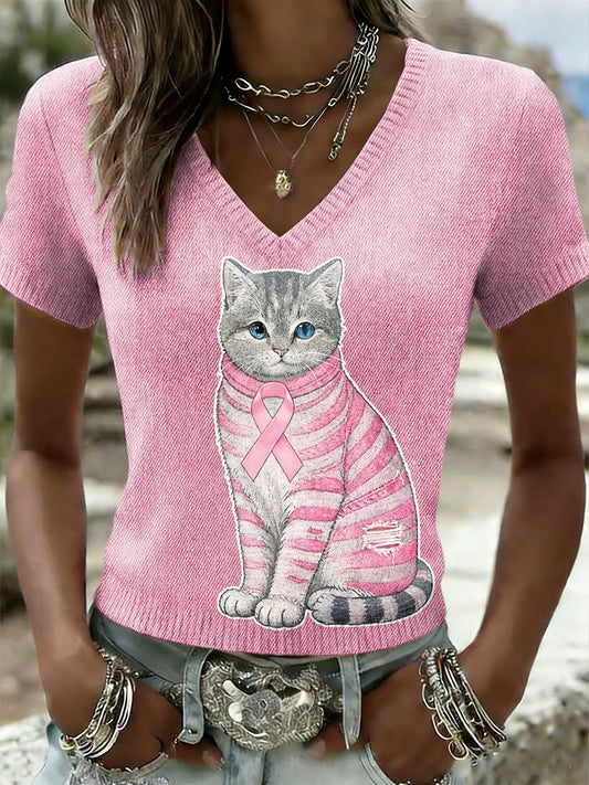 Dámské retro roztomilé kočky rakoviny prsu informovanost o příležitostné pletené krátkorukávové tričko