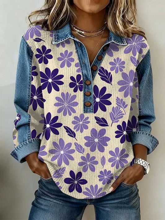 Ženské vintage květinová tisk neformální s dlouhým rukávem top