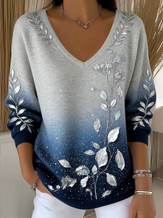 Dámské listytištěné blikající gradient neformální vneck svetr