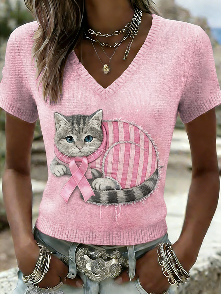 Dámské retro roztomilé kočky rakoviny prsu informovanost o příležitostné pletené krátkorukávové tričko