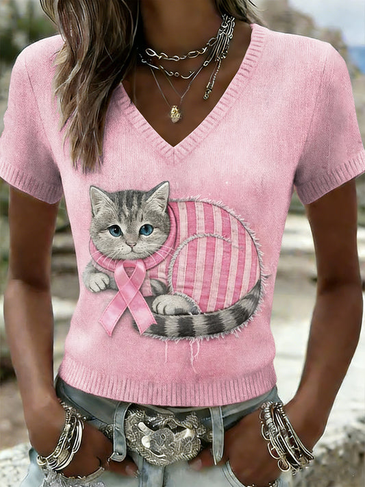 Dámské retro roztomilé kočky rakoviny prsu informovanost o příležitostné pletené krátkorukávové tričko