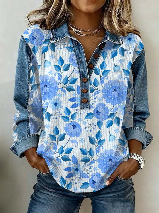 Ženské vintage květinová tisk neformální s dlouhým rukávem top