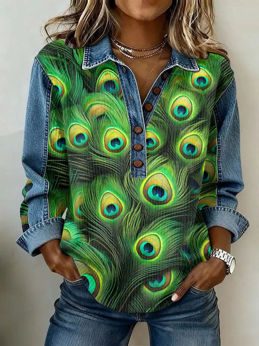 Ženské vintage květinová tisk neformální s dlouhým rukávem top