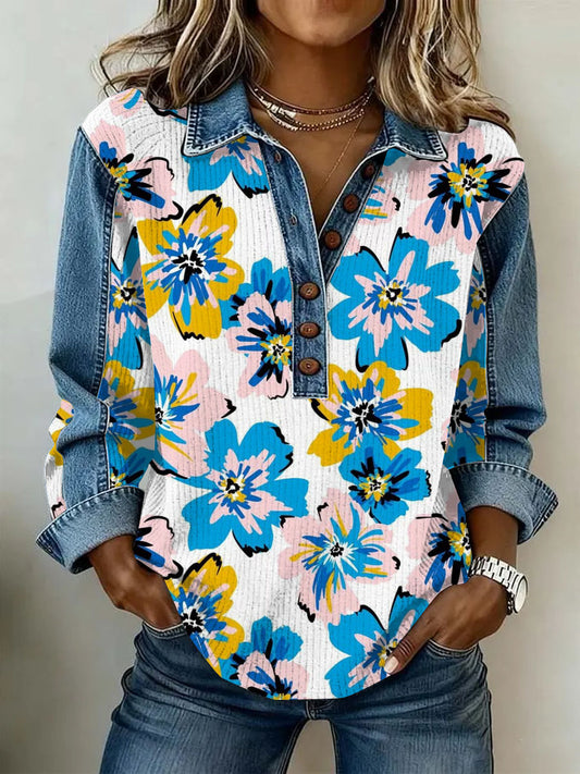 Ženské vintage květinová tisk neformální s dlouhým rukávem top