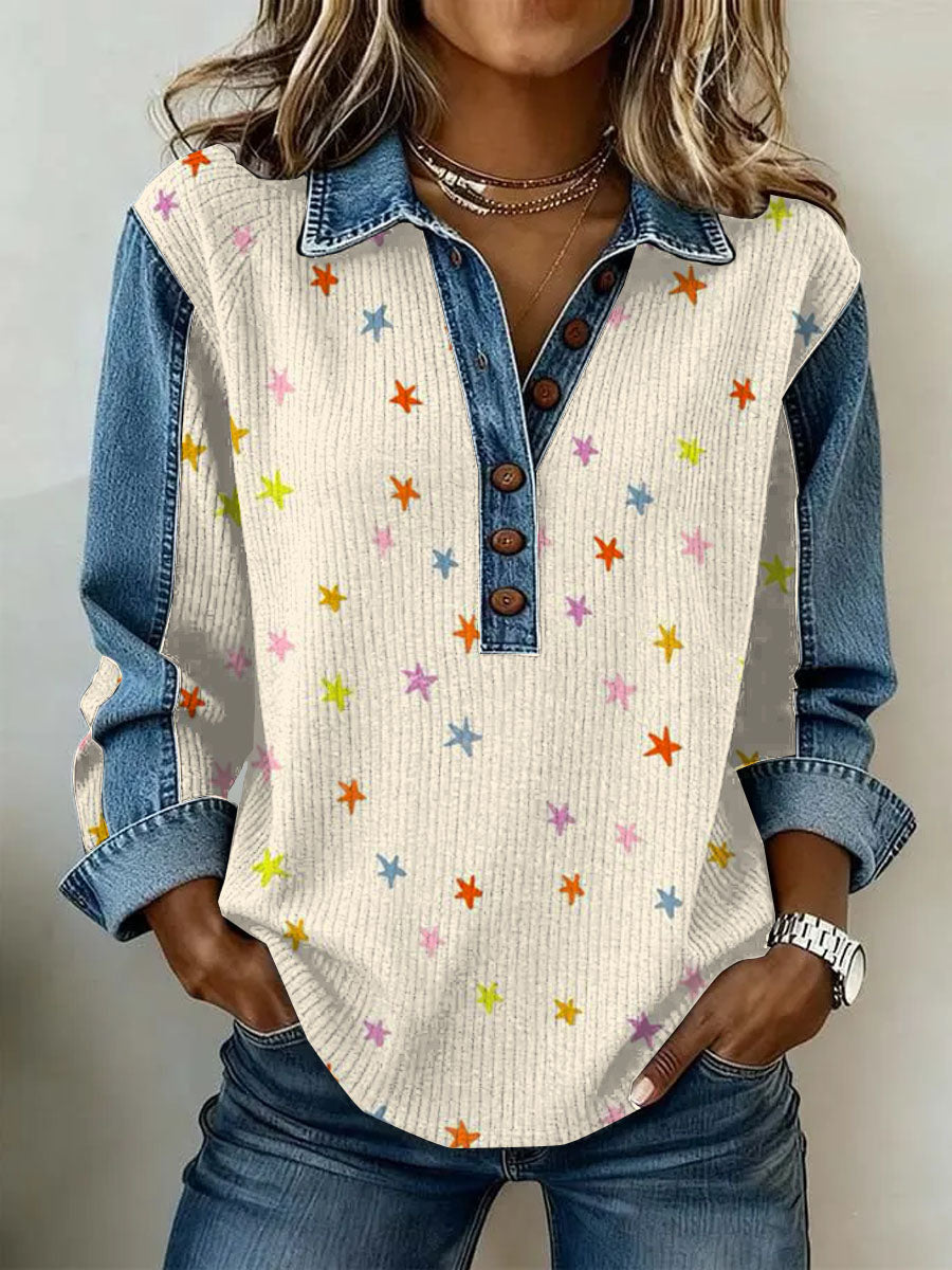 Ženské vintage květinová tisk neformální s dlouhým rukávem top