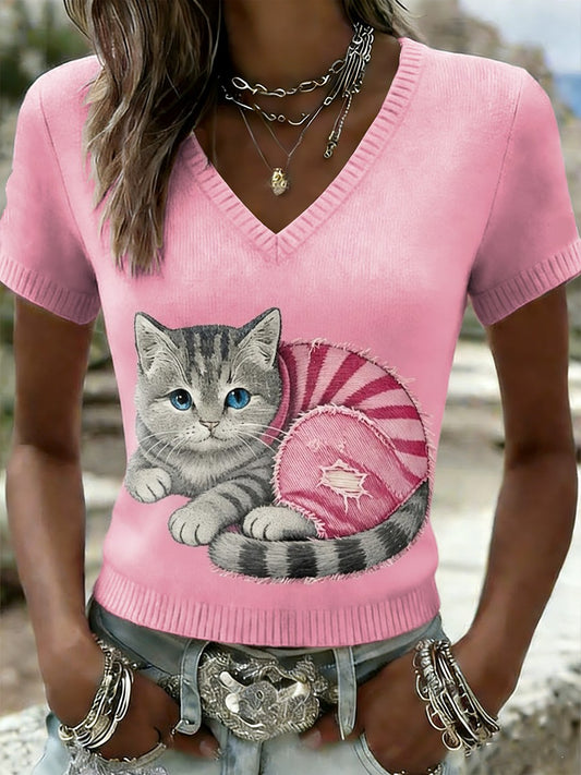 Dámské retro roztomilé kočky rakoviny prsu informovanost o příležitostné pletené krátkorukávové tričko
