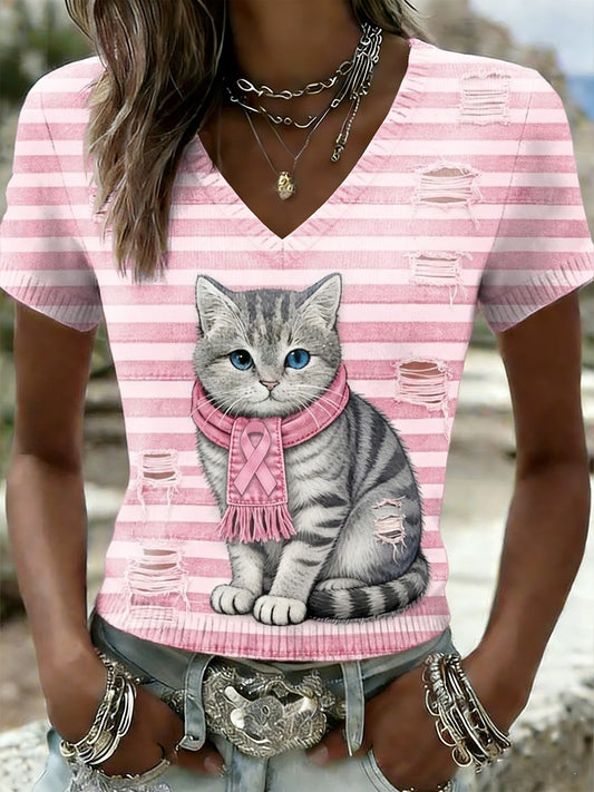 Dámské retro roztomilé kočky rakoviny prsu informovanost o příležitostné pletené krátkorukávové tričko