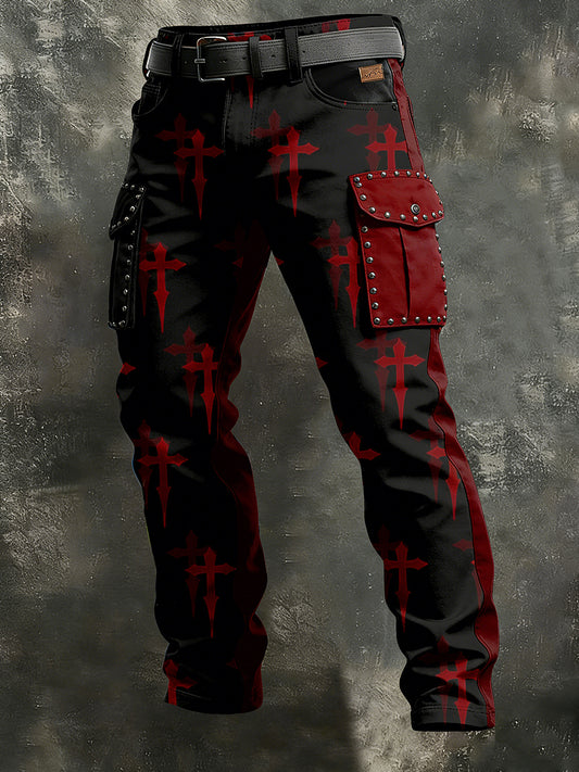 Pánské retro dovolená business punk cross art print casual pracovní šaty kalhoty