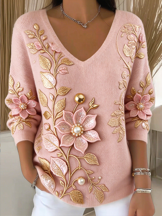 Dámské 3d třpytky květinová tisk růžová mikina s v krku