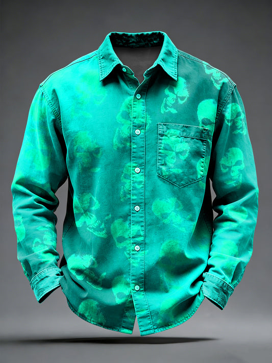 Pánské retro punk psychedelické lebky vytištěné s dlouhými rukávy kapesní košile