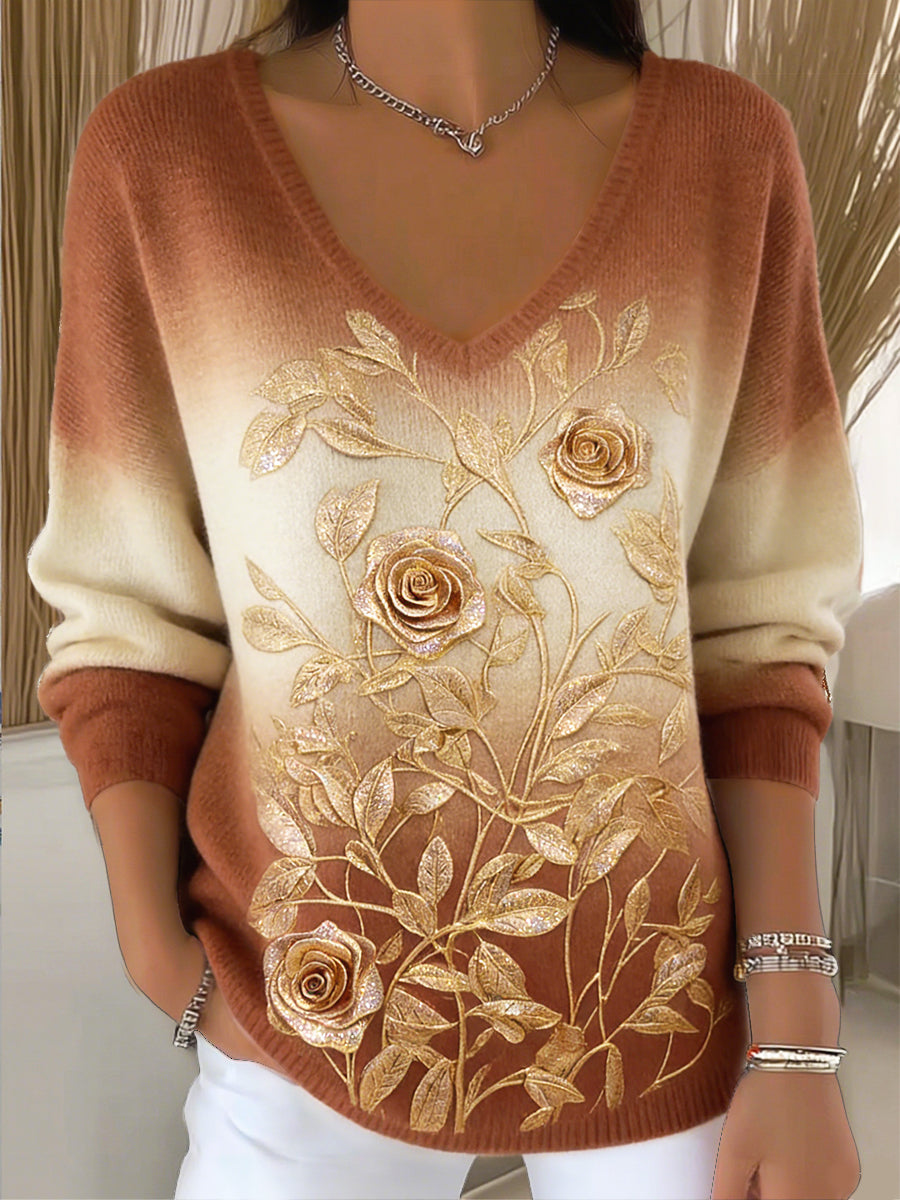 Dámské 3d gradient blikající květinová tisk neformální v krku svetr