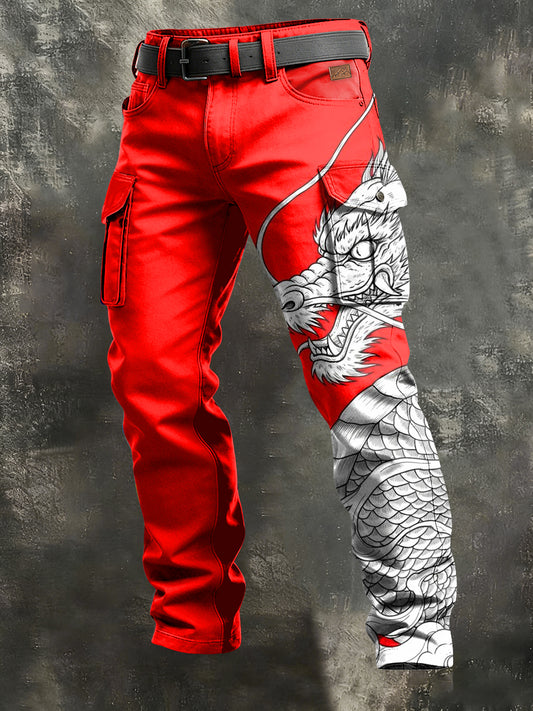 Pánské retro dovolená obchodní umění drak tisk neformální pracovní kalhoty
