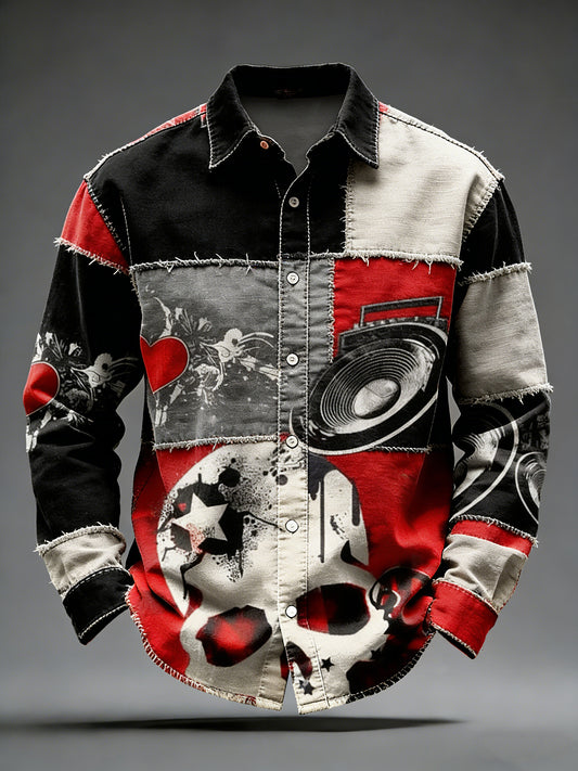 Pánské retro punk music tištěné dlouhé rukávy kapesní košile