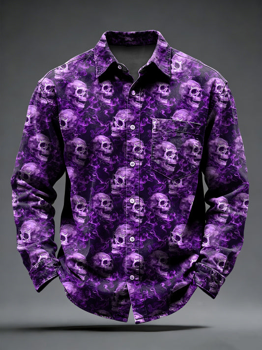 Pánské retro punk psychedelické lebky vytištěné s dlouhými rukávy kapesní košile