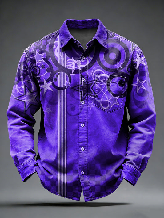 Pánské retro punk music tištěné dlouhé rukávy kapesní košile