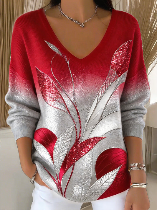 Dámské červené gradienční třpytky květinová tisk neformální mikina v krku