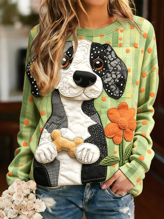 Dámské roztomilý pes 3d patchwork print zelená mikina s dlouhým rukávem