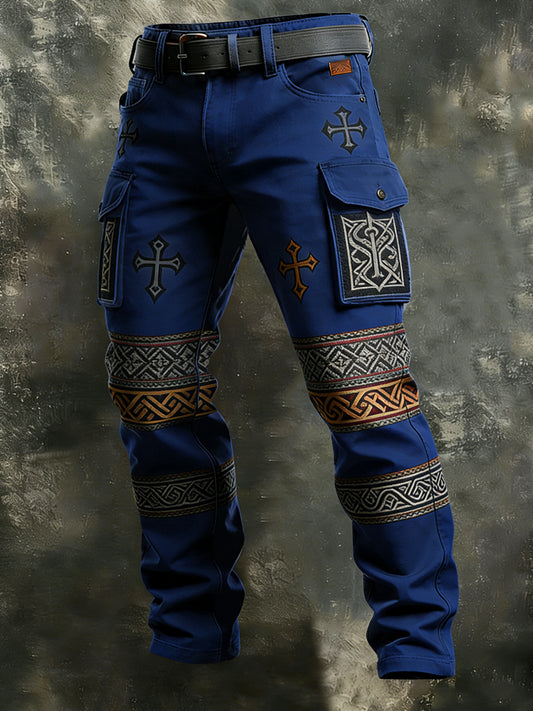 Pánské retro dovolená business viking art print neformální pracovní kalhoty