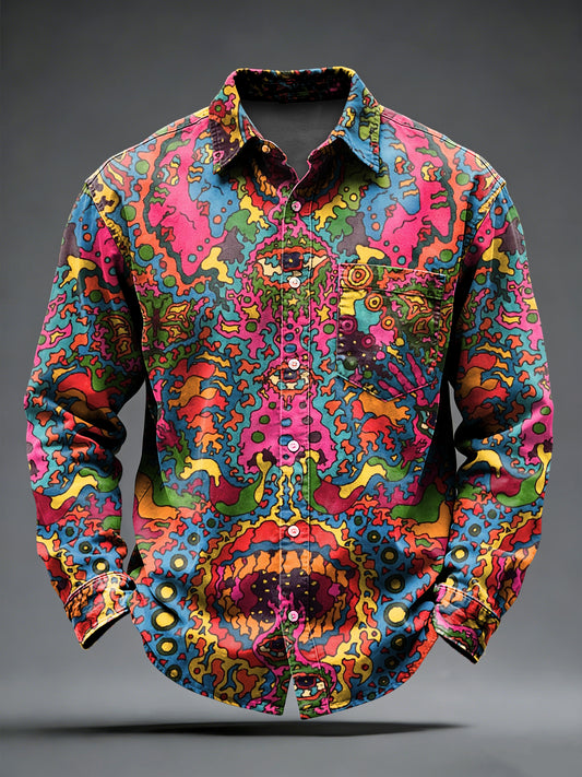 Pánské retro punk psychedelické tištěné dlouhé rukávy kapesní košile