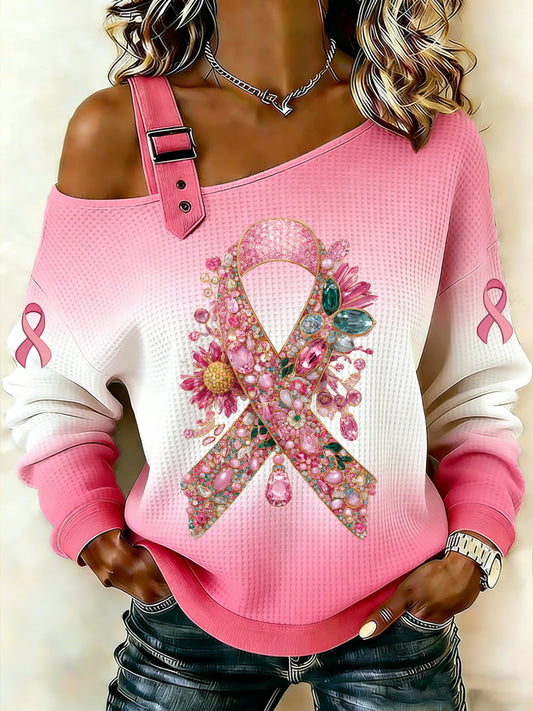 Ženské rakovina prsu zvířecí vytištěné jedno rameno vafle casual sweatshirt