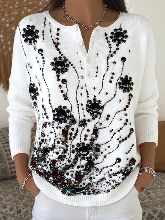 Dámské bílé drahokamy květinové potahované tisk neformální henley krk svetr