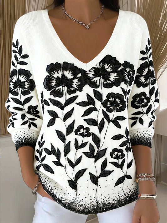 Dámské bílé polotovarované květinové otisky neformální mikina s v krku