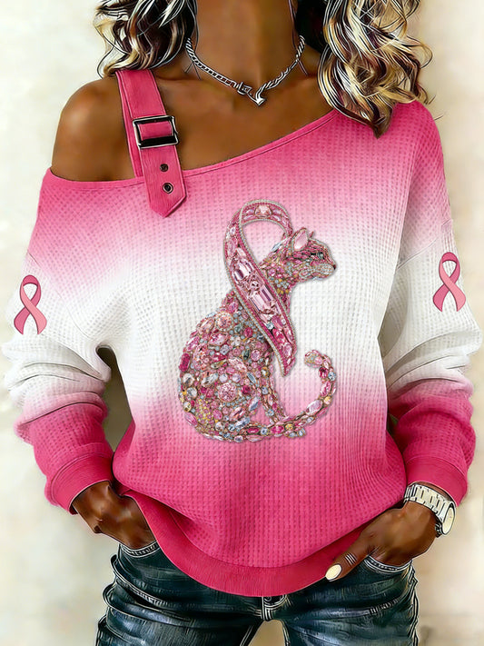 Ženské rakovina prsu zvířecí vytištěné jedno rameno vafle casual sweatshirt