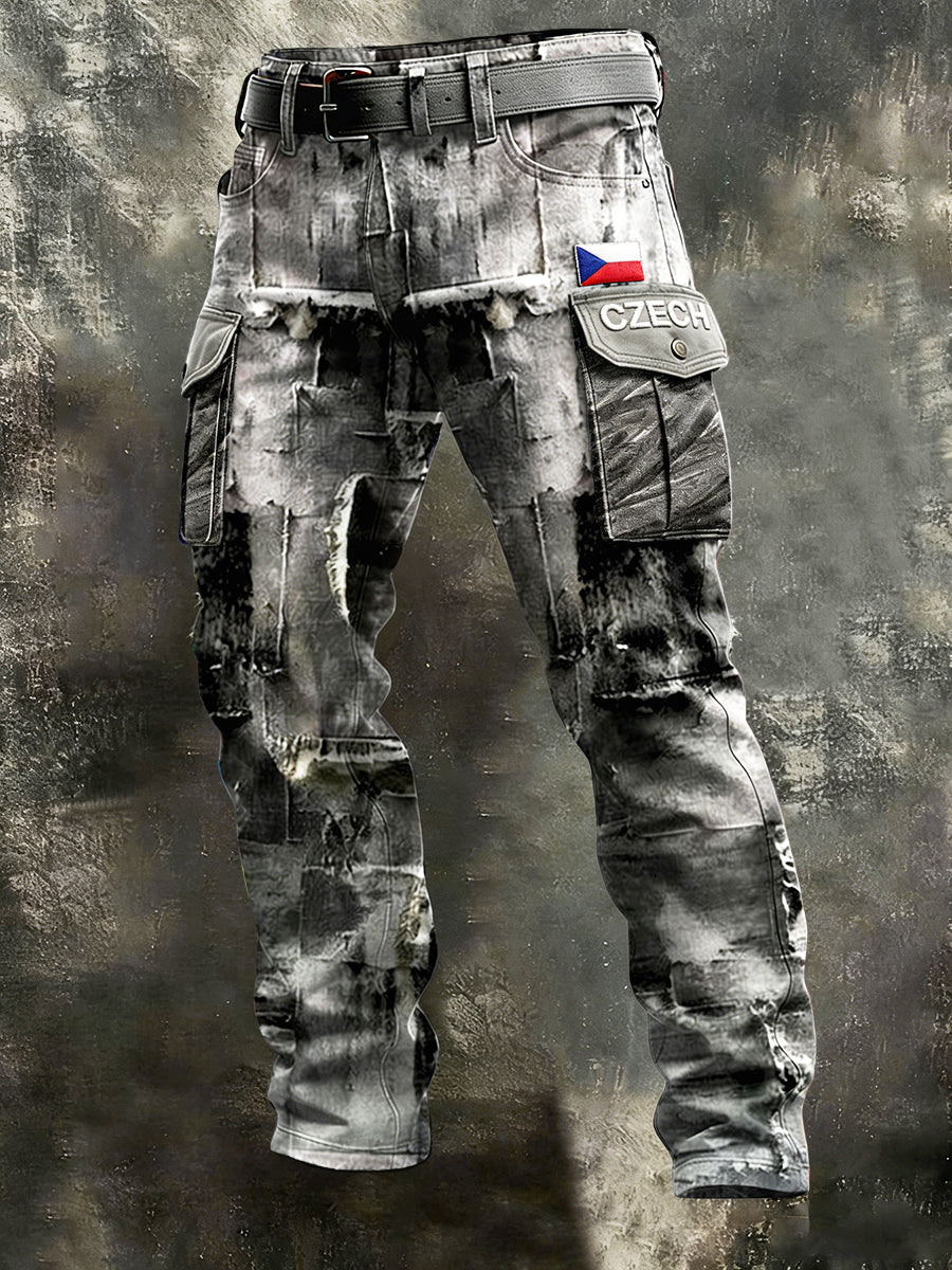 Pánské šedé české vlajky vintage patchwork print pracovní kalhoty