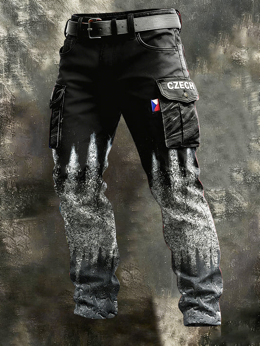 Pánské černé a bílé české tištěné pracovní kalhoty