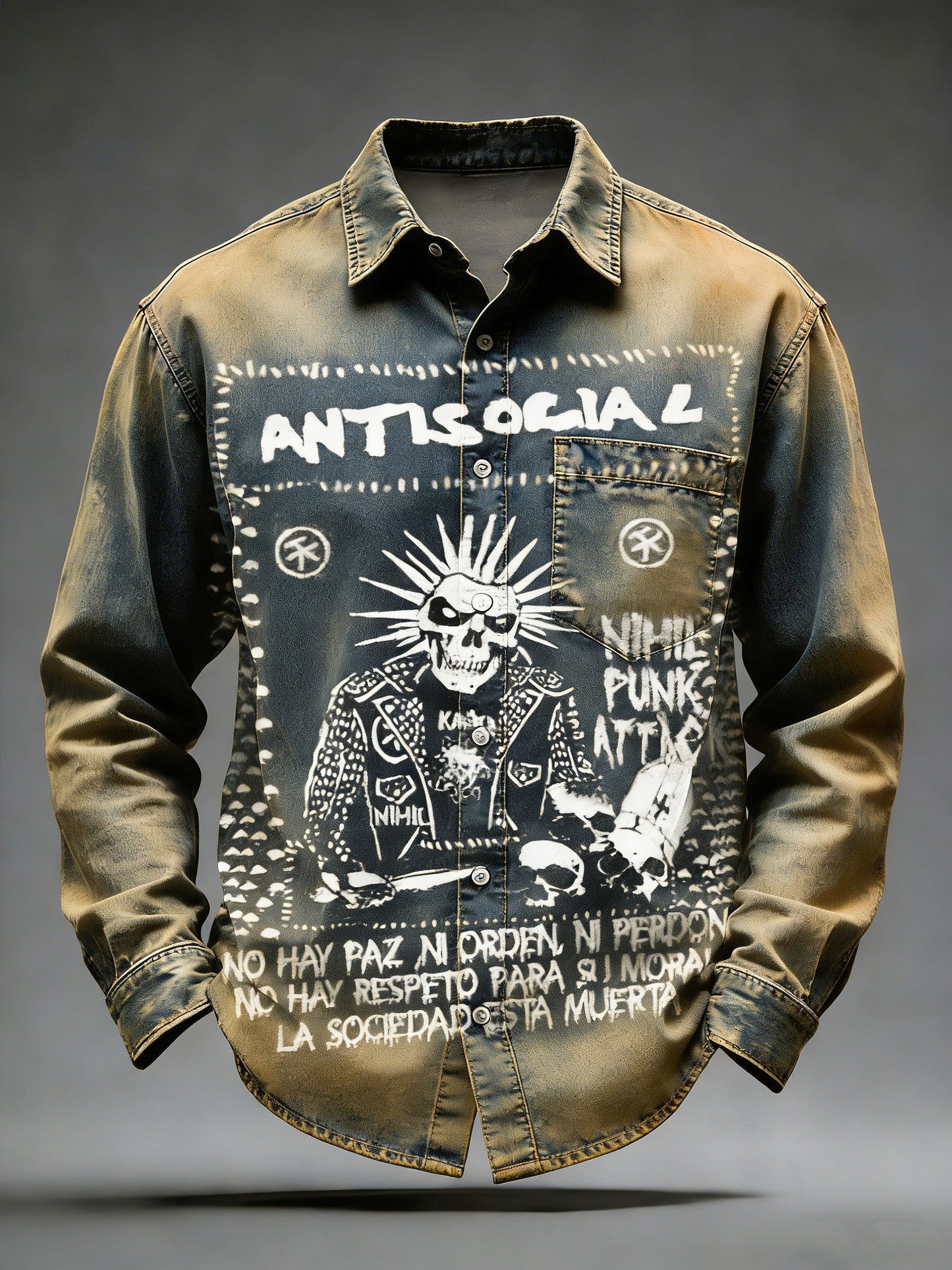 Pánské retro punkové lebky vytištěné dlouhými rukávy vreckové košile