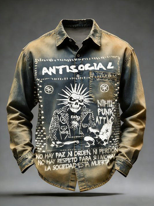 Pánské retro punkové lebky vytištěné dlouhými rukávy vreckové košile