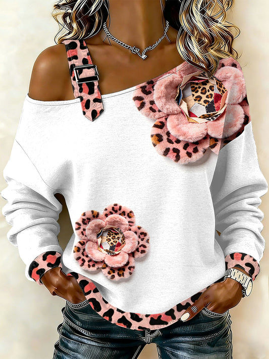 Dámské vintage floral patchwork print casual offshoulder sweatshirt