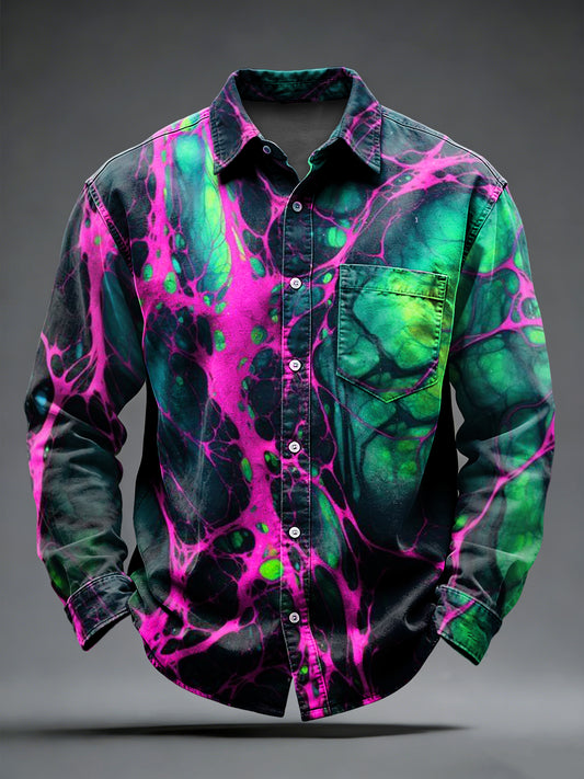 Pánské retro punk psychedelické tištěné dlouhé rukávy kapesní košile