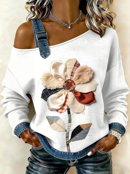 Dámské vintage floral patchwork print casual offshoulder sweatshirt