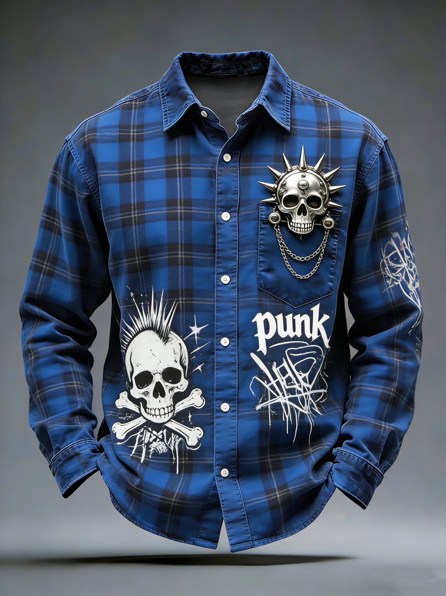 Pánské retro punkové lebky vytištěné dlouhými rukávy vreckové košile