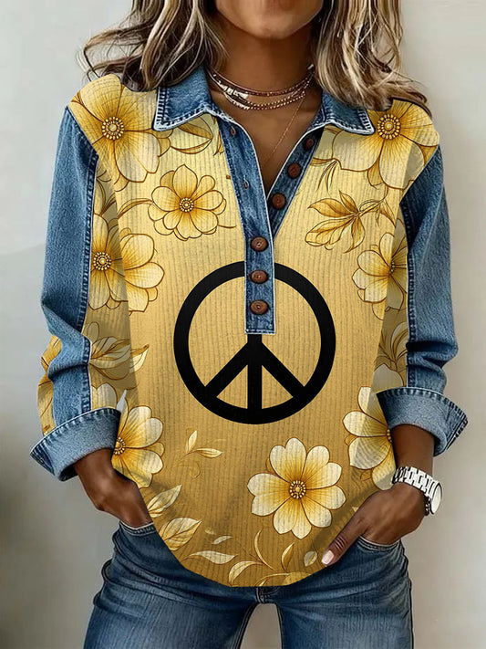 Ženské vintage květinová tisk neformální s dlouhým rukávem top